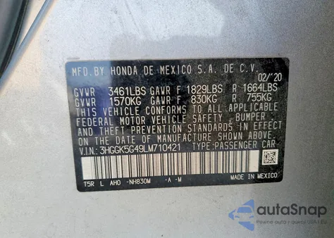 2020 Honda Fit Lx z USA, uszkodzony, nr VIN 3HGGK5G49LM710421